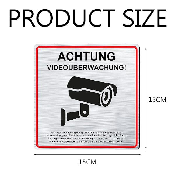 2-pack aluminium varningsskyltar för videoövervakning, med självhäftande reflex 15 x 15 cm, kameraövervakningsskylt för övervakningskameror eller