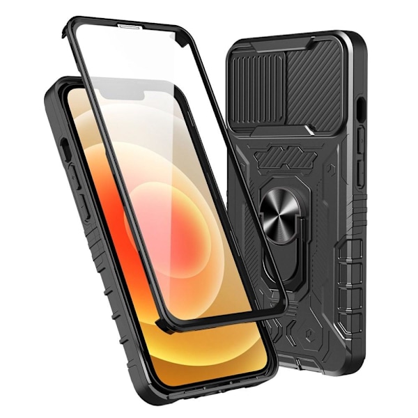 iPhone 14 Plus Hybridskal med FingerRing & kameraskydd + härdat glas Svart