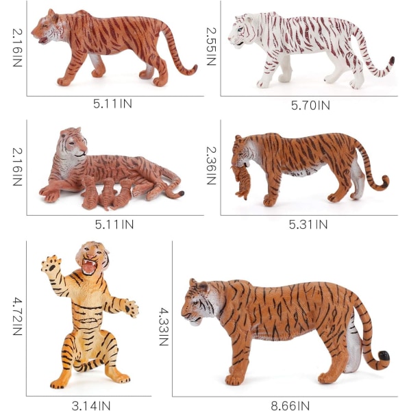 6 Tigerfigurer, Plastfigurer Zoo Djur, Tigrar Leksaksset, Påskägg Tårtdekorationer Jul Födelsedagspresent till Barn Småbarn