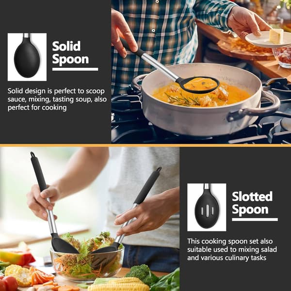 Black Kitchen Utensil Set with 4 Solid Silicone Spatulas, Slotted Spoons, Turners for Non-Stick Cookware, Flipping, Mixing, Heat Resistant