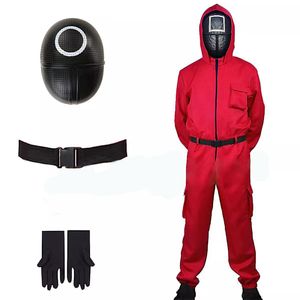 Unisex Svart Röd Squid Game Dräkt för Kvinnor och Män - Halloween Kostym med Blixtlås Red + Circular Mask S Red + Circular Mask S