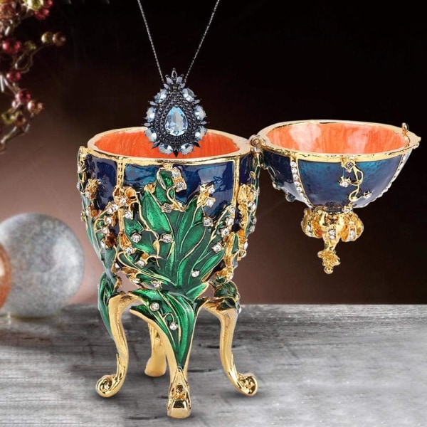 Emalj ägg smycken prydnadsföremål med gångjärn klassiska handmålade emaljprydnader Vintage hantverkspresent för heminredning (blå)