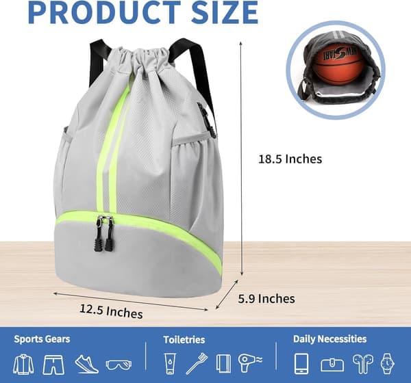 Drawstring Gym Bag with Shoe Compartment Suitable for Soccer, Basketball, and Swimming; Waterproof Rope Backpack