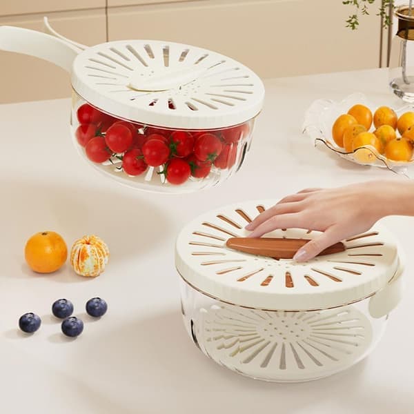 Brown 2-in-1 Fruit Washer & Colander Basket with Lid - 2026 Foldable Handle Drain Container & Refrigerator Storage Box