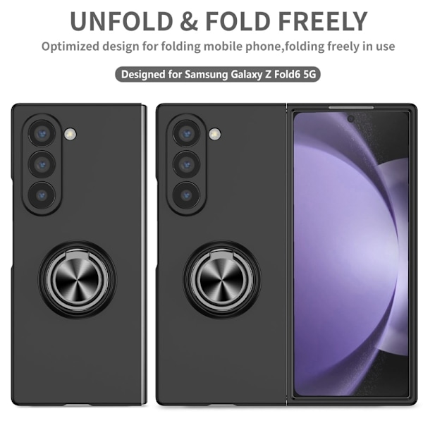 Till Samsung Galaxy Z Fold6 5G Hybrid skal med Finger Ring & Metall Plåt - Svart Svart