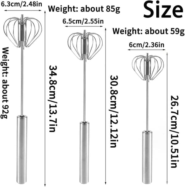 3-pack Semi-Automatic Whisk, Stainless Steel Egg Beater, Manual Kitchen Whisk, Push Whisk, Rotating Mixer, Egg Whisk, for Cooking, Mixing, Stirring