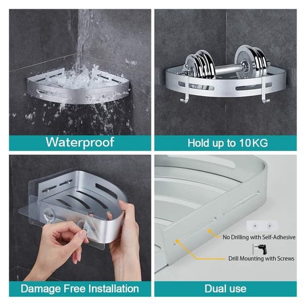 Corner Shower Shelf Bathroom Shelf No Drilling Shower Storage Basket Wall Mounted Silver