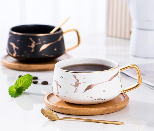 10 oz Deluxe Guld Håndaftryk Te- og Kaffekop med Bambus Underkop Sæt (Sæt med 2 Hvide)