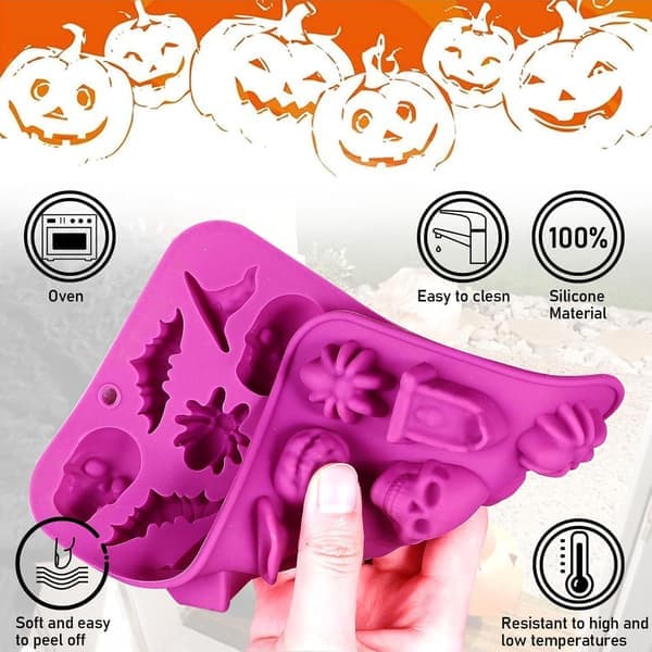 Silicone mold, 2-pack, chocolate molds, 3D Halloween chocolate candy, rubber mold, skull, pumpkin, bat, ghost, witch hat, spider, tombstone, shapes