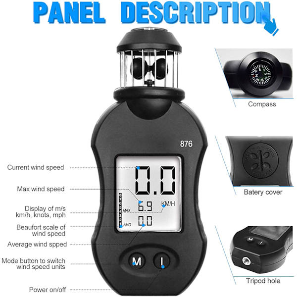 Digital Anemometer, Yf-876 Anemometer för mätning av vindhastighet/temperatur, vindriktningsindikator, för utomhusaktiviteter WWLAI TRADING SARL