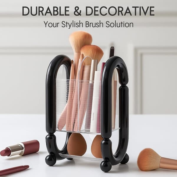 Makeup Brush Holder, Cosmetic Organizer with Multiple Compartments in Plastic for Countertop for Makeup Brushes, Powder Puffs, Eyeliners, Lip Gloss (Black)
