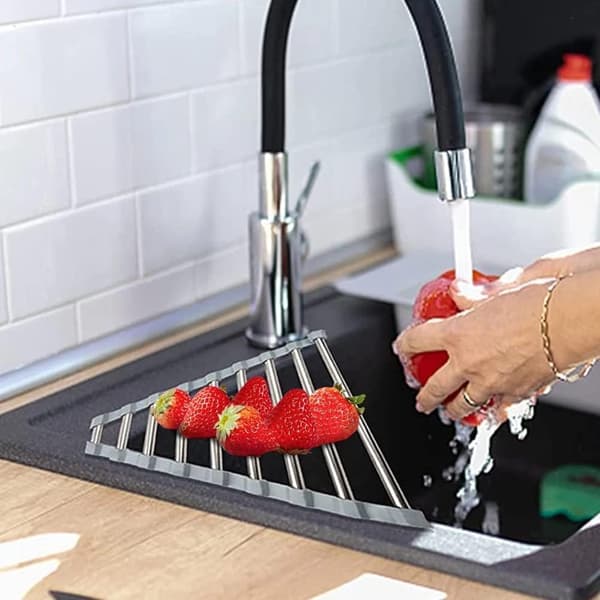 Triangular Roll-Up Dish Drying Rack - Stainless Steel Over Sink Dish Rack - Space Saving Kitchen Organizer for Dishes and Utensils - Grey