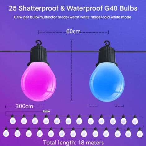 18m RGB Outdoor String Lights with 25 Bulbs, Remote Control and App Control, IP65 Timer – Suitable for Christmas, Gardens and Yards