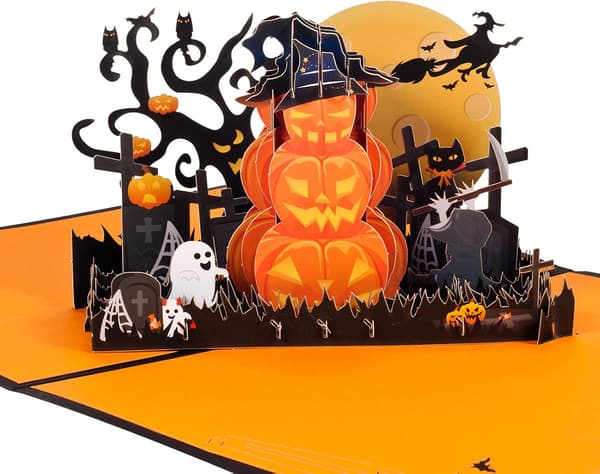 3D Halloweenkort, Pop-op Græskar og Spøgelse, Sammenfoldeligt Kort med Konvolut til Halloween