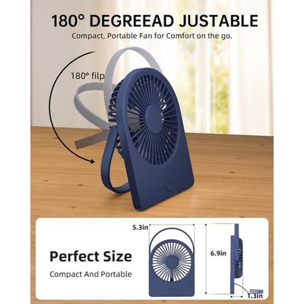 Portable USB Desk Fan with Three Adjustable Speeds. Mini, Foldable and Hangable. Ultra-Quiet. Blue.