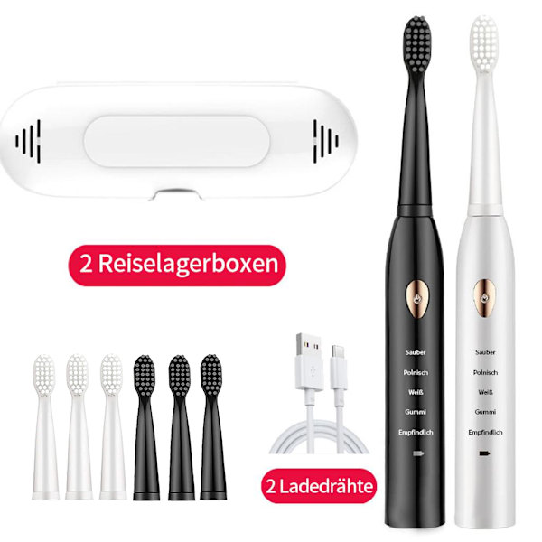 Elektrisk tandborste set, 5 lägen 2 minuters smart timer för djup tand rengöring, 2 stycken, USB laddning