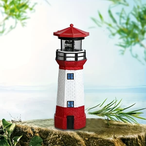 Solar-Powered Rotating Lighthouse LED Landscape Lamp - 360° Swivel Red & White Resin Statue with Illuminated Path Lighting, Durable Garden [YJD]