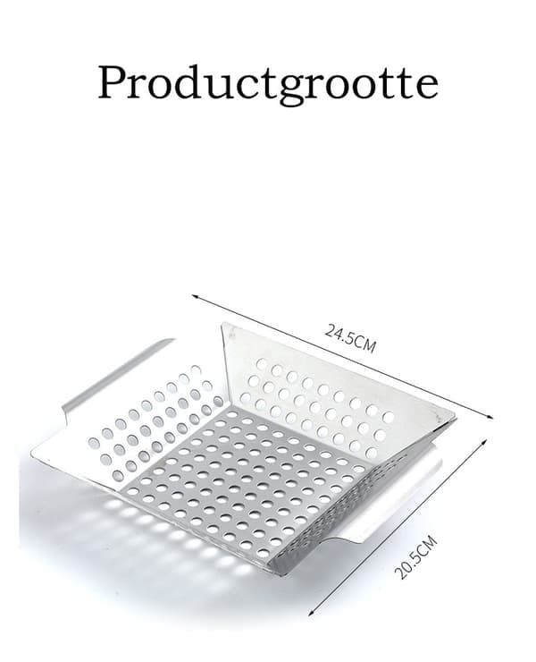 Denna grillkorg i 100 % rostfritt stål mäter 24,5 x 20,5 x 4 cm (medium).