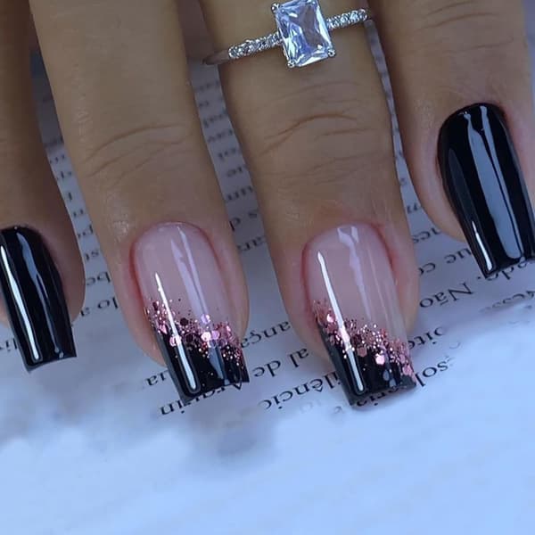 False Nails Medium Square Black False Nails Artificial Acrylic Nails Pink Glitter Powder Sequins Design French False Nails Full Coverage Gloss