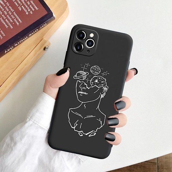 iPhone 13 Pro Max Mini illustrerade målade silikon skal svart vit Black one size Black 13 Mini-Head of planets
