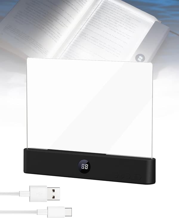 Rechargeable Transparent LED Flat Reading Light, Dimmable Full Page Panel Light with Book Clip, Three Color Modes and Timer. Black Black