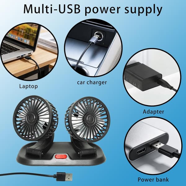 Adjustable Dual Head Car Cooling Fan - Brushless Motor - 2 Speeds, 360° Rotation, for Car Dashboard, Powerful Cooling Solution.