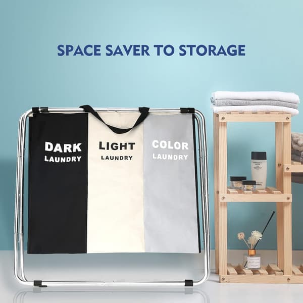 This laundry basket has a foldable design with three compartments and an aluminum frame, making it ideal for use in bathrooms and bedrooms.