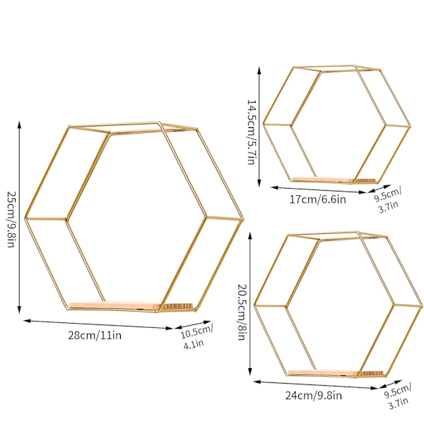 Set med 3 hexagonformade väggmonterade hyllor i metall och trä, flytande hyllor för väggförvaring i kök, badrum och sovrum