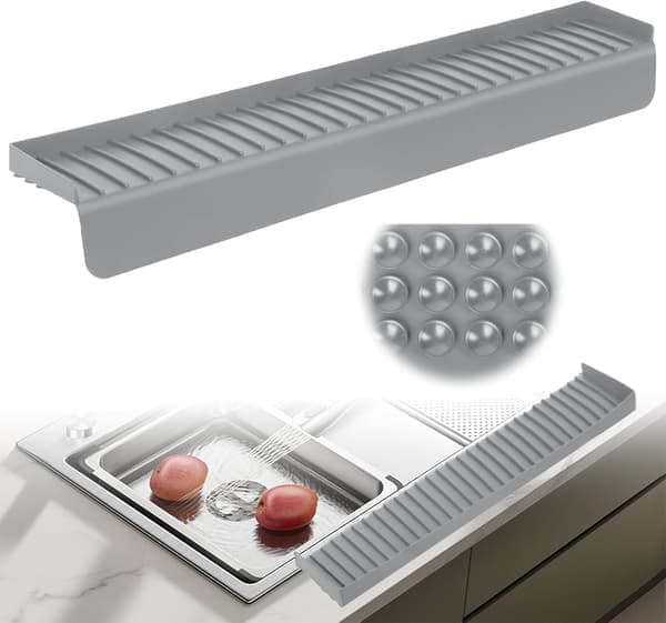 Silicone Sink Splash Guard 10x76 cm with Suction Cups – Grey Splash Protector for Kitchen, Bathroom, Granite and Quartz Countertops