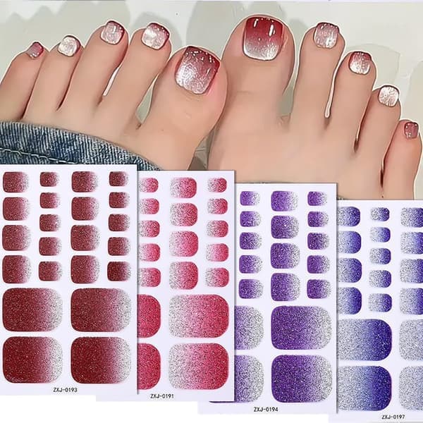 12 Sheets, 138 Pieces Gradient Glitter Toenail Stickers - Self-Adhesive Toenail Decals Combining Solid Colors and Glitter.