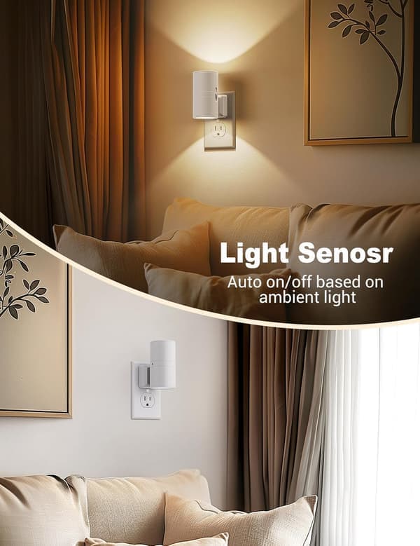 Wall-mounted adjustable night light with light sensor warm white 3000K brightness adjustable from 0-100 lumens two-pack.