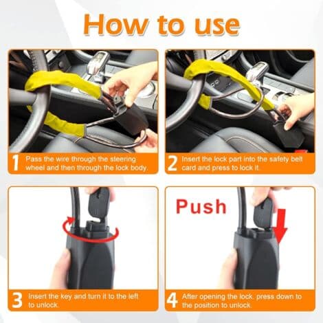 Adjustable Car Lock - Steel Cable and ABS - 3-Key Locking System - For Cars, Trucks, SUVs, Vans