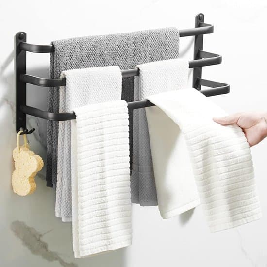 Musta – Kylpyhuoneen pyyheteline, mattamusta pyyheteline tangolla ja koukulla, seinään kiinnitettävä pyyheteline, poraamaton pyyheteline – 32 x 17 x 7 cm