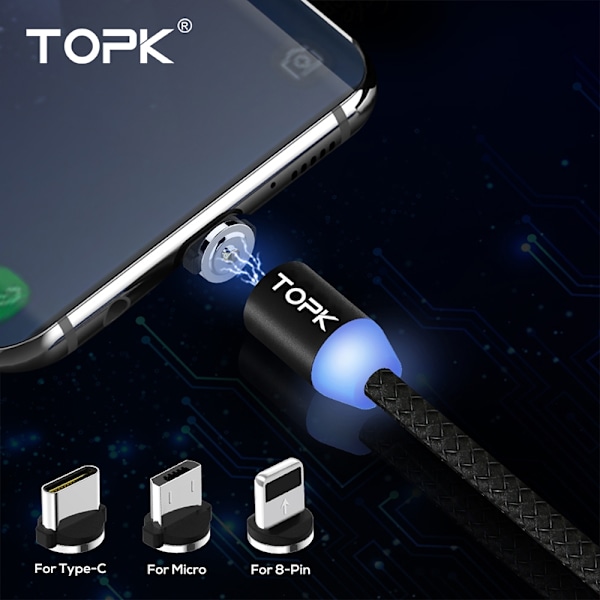 TOPK Magnetkabel 3 i 1 USB C, Lightning & Micro USB, 2.1A - 1m