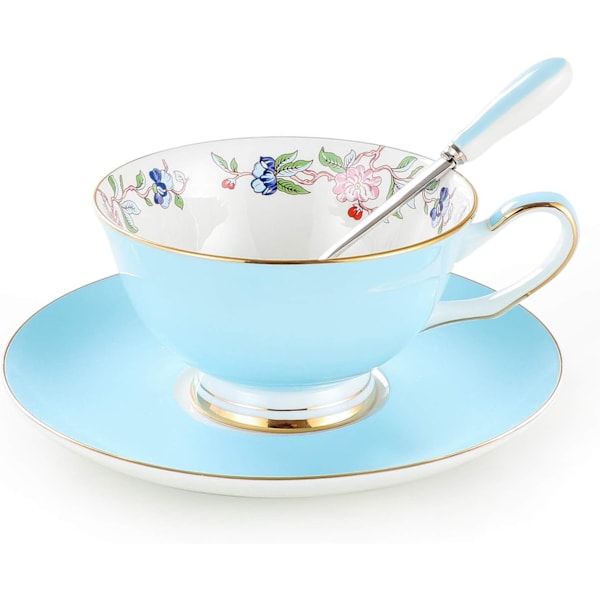 3-delad benporslinskopp och fat-set med sked Vintage porslin kaffekopp-set, blommigt tekopp-set med guldtrim och presentförpackning,