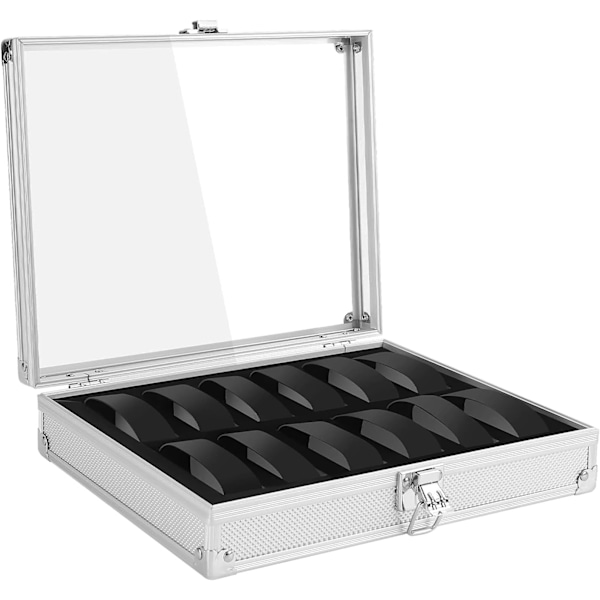 Klocklåda med 12 fack Klockförvaring Vitrin Aluminium Klockfodral med Avtagbar Klockkudde Displaylock Sammetsfoder