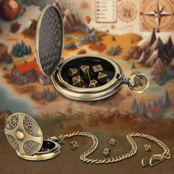 Mini D&D Dice Set with Bronze Steampunk Gear Pocket Watch Case, 7 Pcs Polyhedral Metal D&D Dice Set, Role Playing Game Accessories
