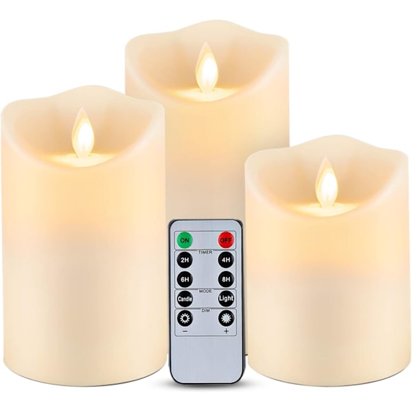 Set med 3 flimrande flamlösa ljus, LED-ljus för utomhus- och inomhusbruk med fjärrkontroll och timer, smälter inte, rörlig låga,