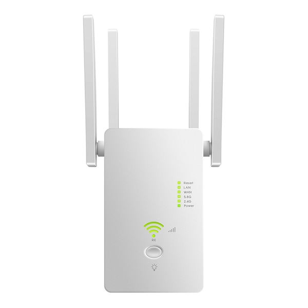 WLAN-repeater WLAN-förstärkare 1200 Mbit/s dual band 2,4 GHz + 5 GHz WiFi-booster med repeater/router/åtkomstpunktsläge, 4 antenner, enkel installation, WiFi