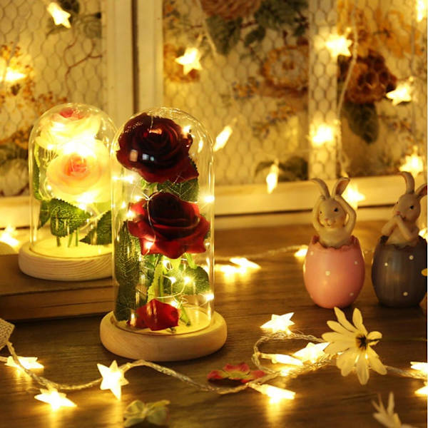 Röd ros LED-lampa med fallna kronblad i glaskåpa, DIY handgjord romantisk förtrollad kärlek för evigt present till bröllop, alla hjärtans dag,
