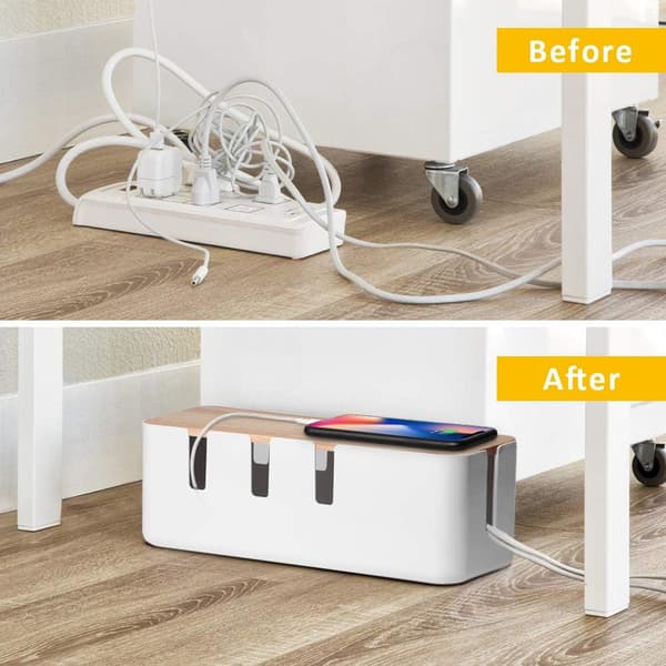 Kabelstyringsboks, 30,5x12,3x11,9 cm, trælåg, velegnet til skrivebords-tv, computer og USB-hub-systemer.