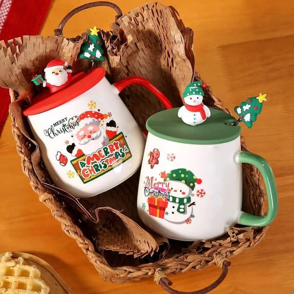 Ceramic Coffee Mugs for Couples with Lid and Spoon Cute Tree Christmas Gift Birthday Present Holiday Themed Mug Creative Home Decor Gift