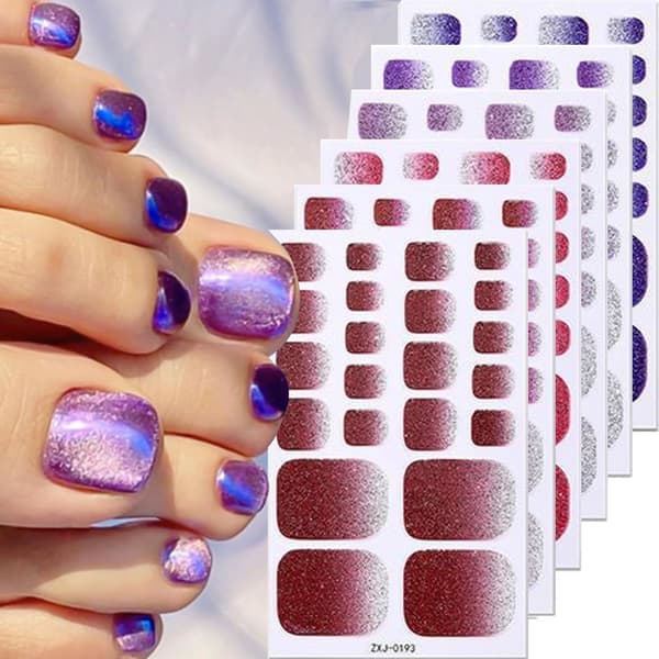 12 Sheets, 138 Pieces Gradient Glitter Toenail Stickers - Self-Adhesive Toenail Decals Combining Solid Colors and Glitter.