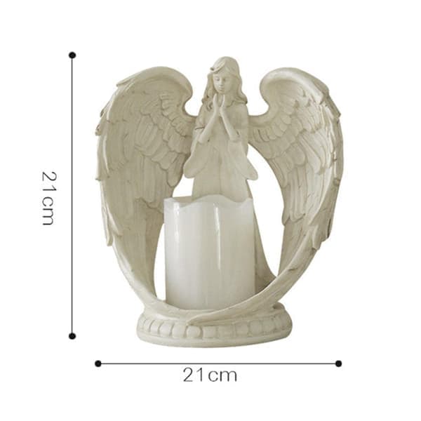 Englestatue i harpiks LED telysholder minnesmerke 21x21cm