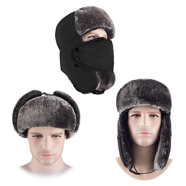 Varm Trapper-hatt för män Vinter Ryska hattar Jaktmössa med mask Svart