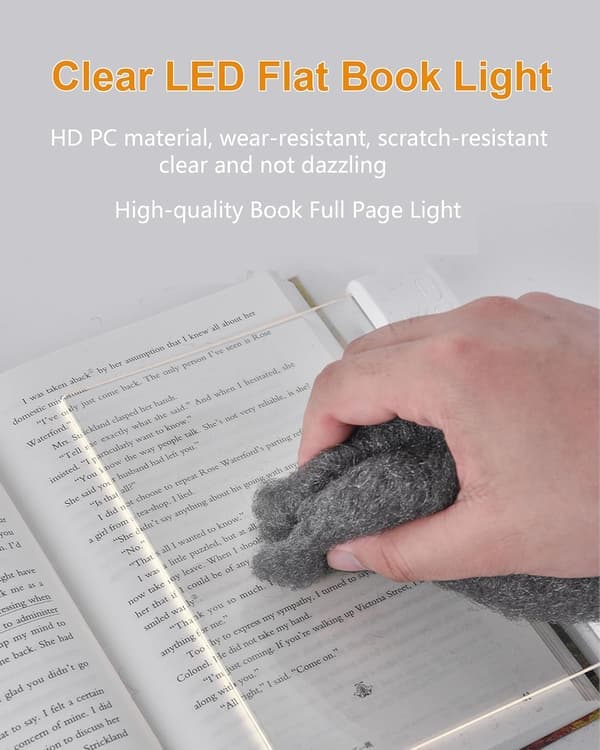Rechargeable Transparent LED Flat Reading Light, Dimmable Full Page Panel Light with Book Clip, Three Color Modes and Timer. White White