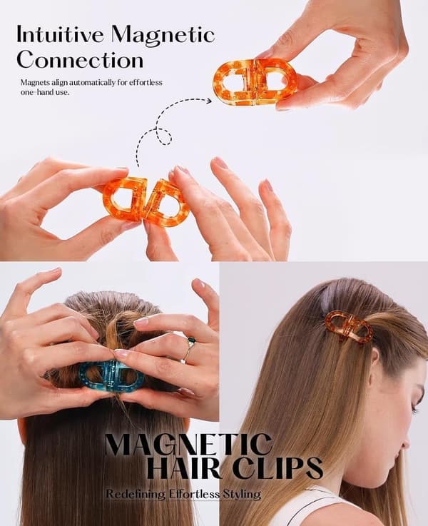 Set med 2 magnetiska hårklämmor – Halkfria magnetiska hårklämmor – Sömlös 2-i-1-design för kvinnor – Hårstylingaccessoar (Leopard & Blå)