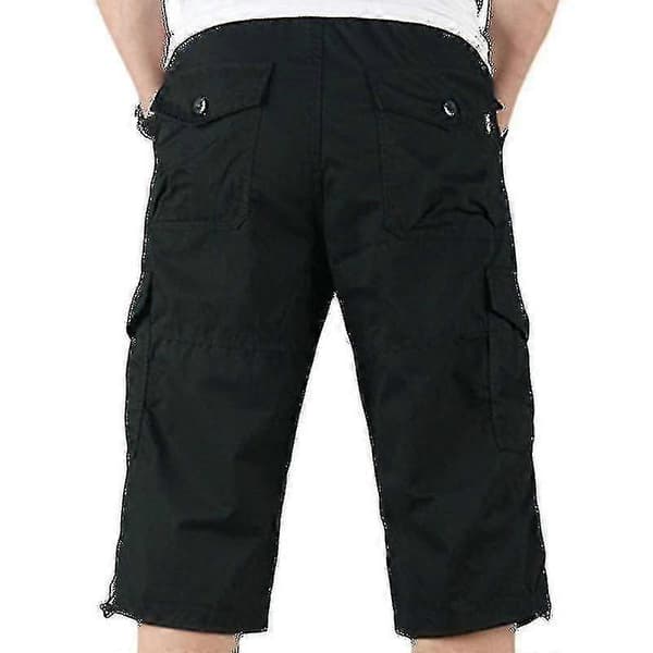Mænds 3/4 lange elastiske talje cargo kamp trekvartbukser sort sort Black M