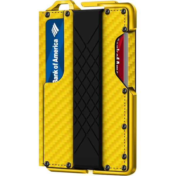 Taktisk minimalistisk plånbok för män, smal RFID-blockerande metallkortfodral, framficka Menu2019s läder Dapper Bifold-plånbok med pennsklämma Carbon Fiber Yellow