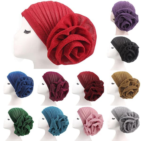 Glitter turban hodeplagg for kvinner, for hårtap, cellegift, muslimsk stil, med blomsterdekorasjon